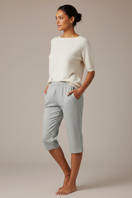 Pantalon Gris Capri Coton Lin Taille Élastique