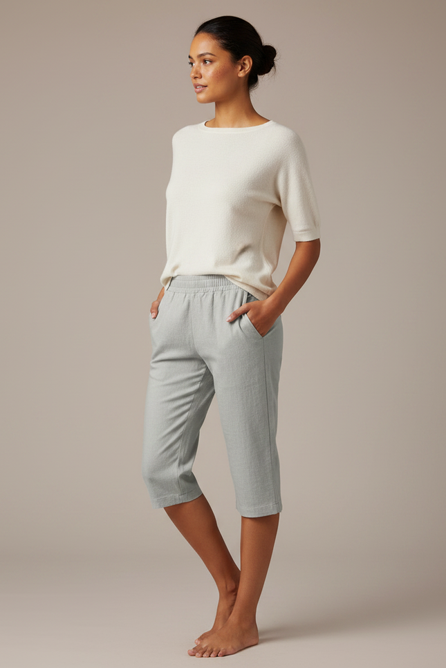 Pantalon Gris Capri Coton Lin Taille Élastique