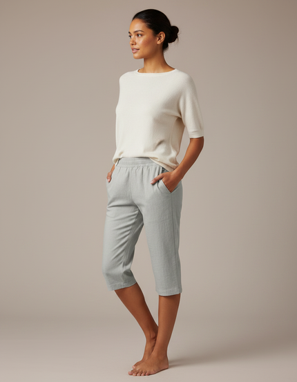 Pantalon Gris Capri Coton Lin Taille Élastique
