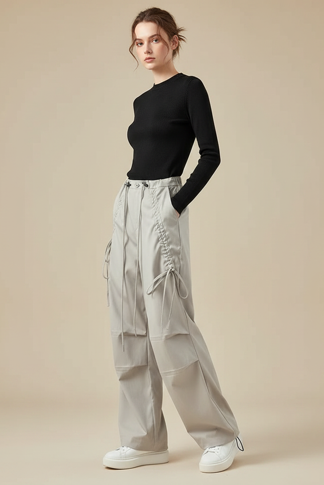 Pantalon Gris Cargo Ample Cordon Décontracté Femme - Polyester