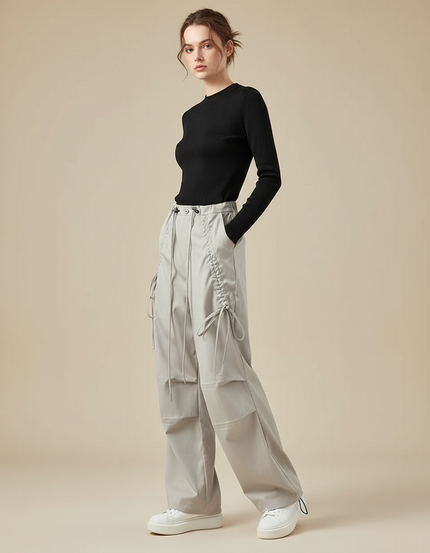 Pantalon Gris Cargo Ample Cordon Décontracté Femme - Polyester