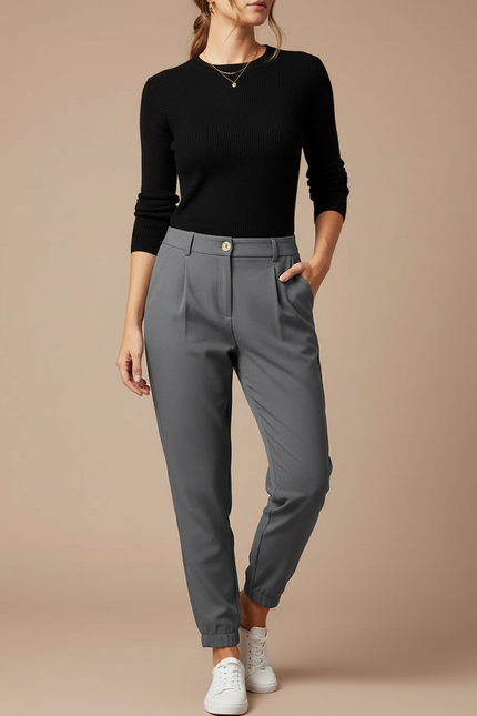 Pantalon Gris Fuselé Décontracté Taille Haute Femme - Polyester