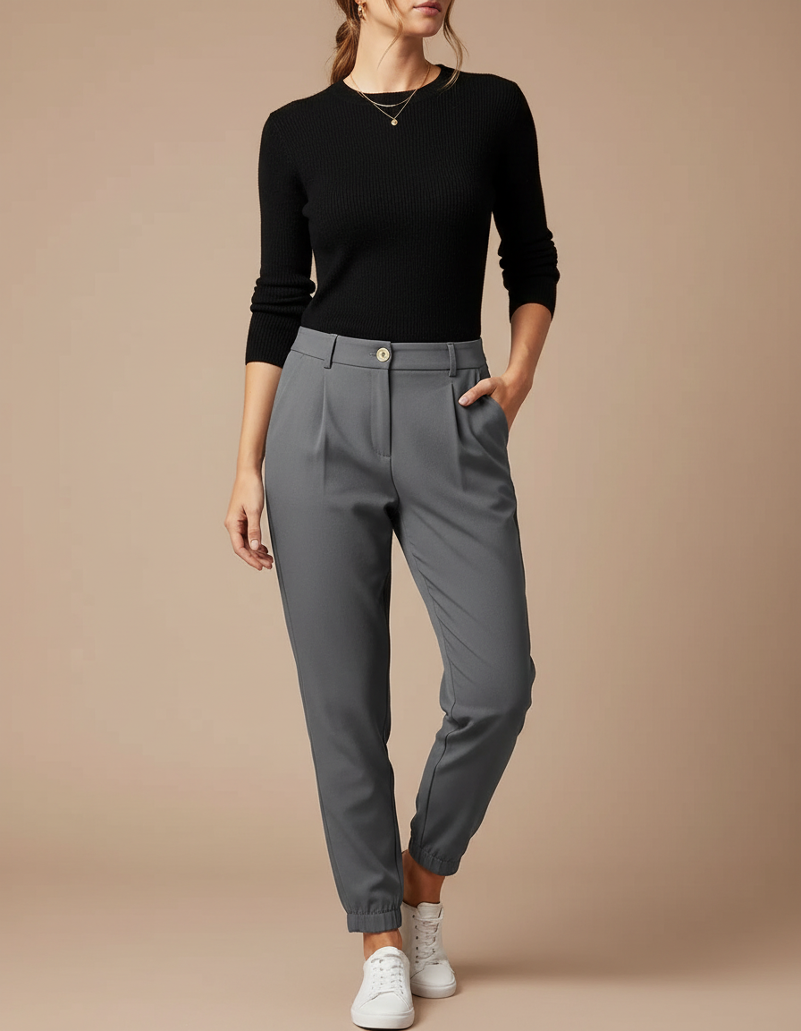 Pantalon Gris Fuselé Décontracté Taille Haute Femme - Polyester