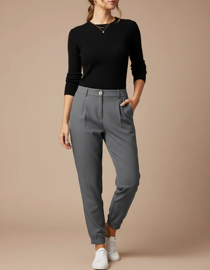 Pantalon Gris Fuselé Décontracté Taille Haute Femme - Polyester