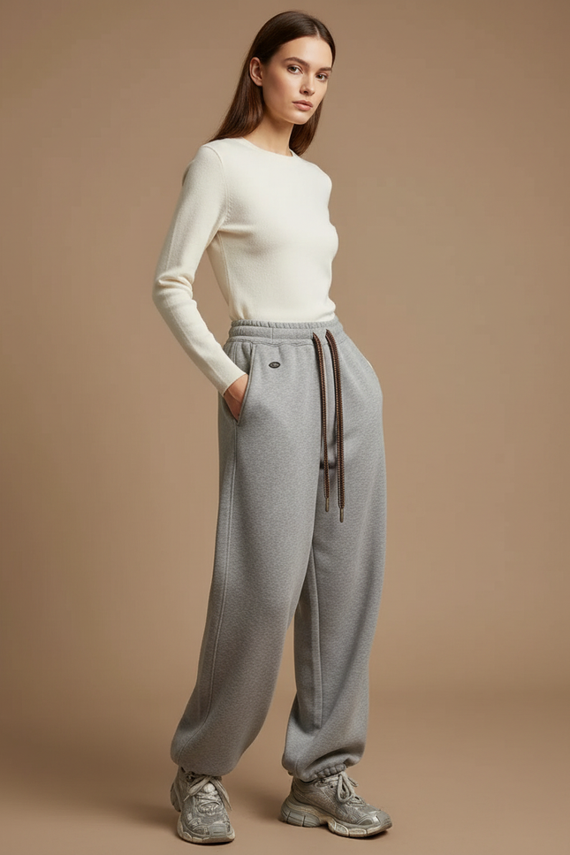 Pantalon Gris Molletonné Ample Décontracté Sportif