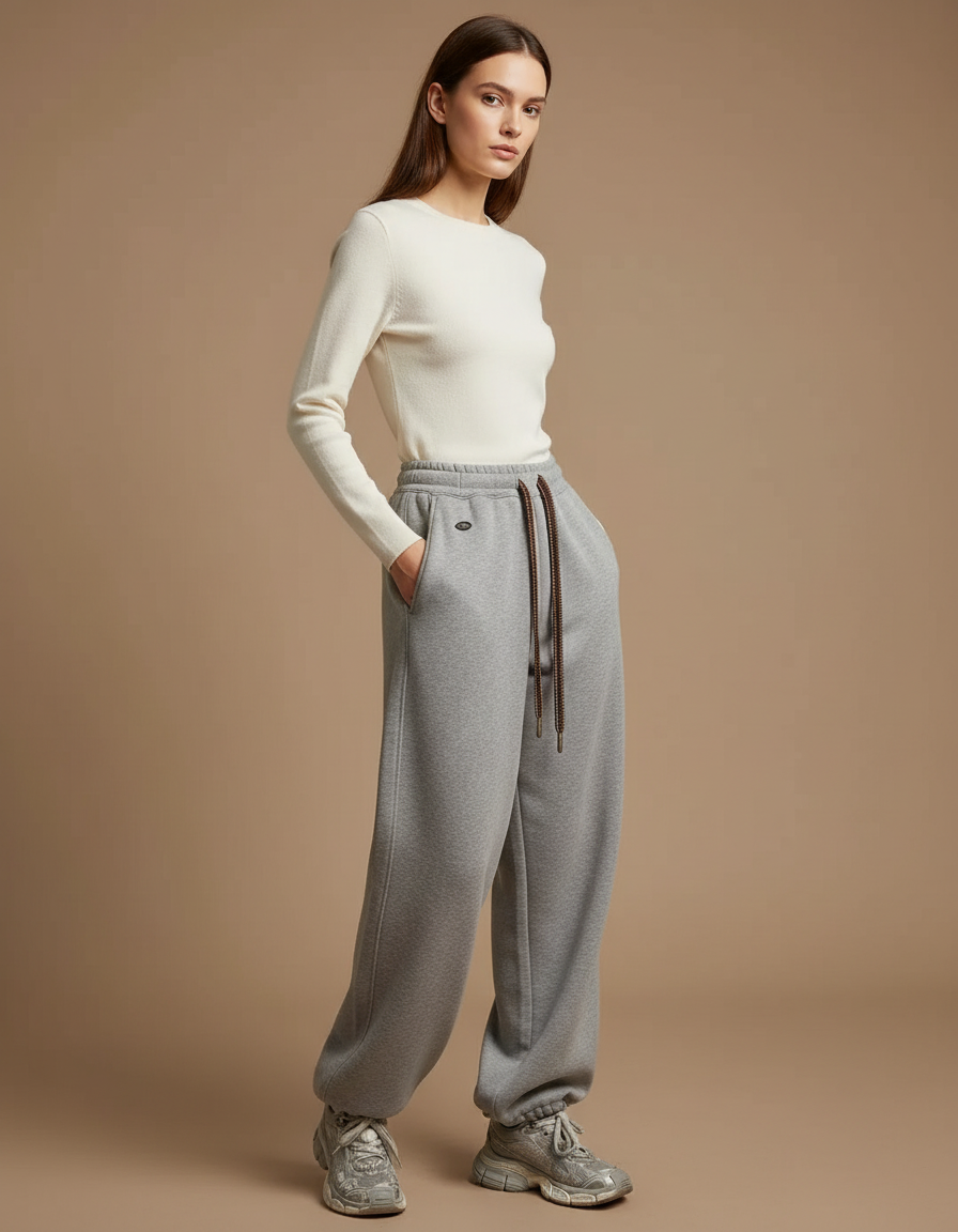 Pantalon Gris Molletonné Ample Décontracté Sportif