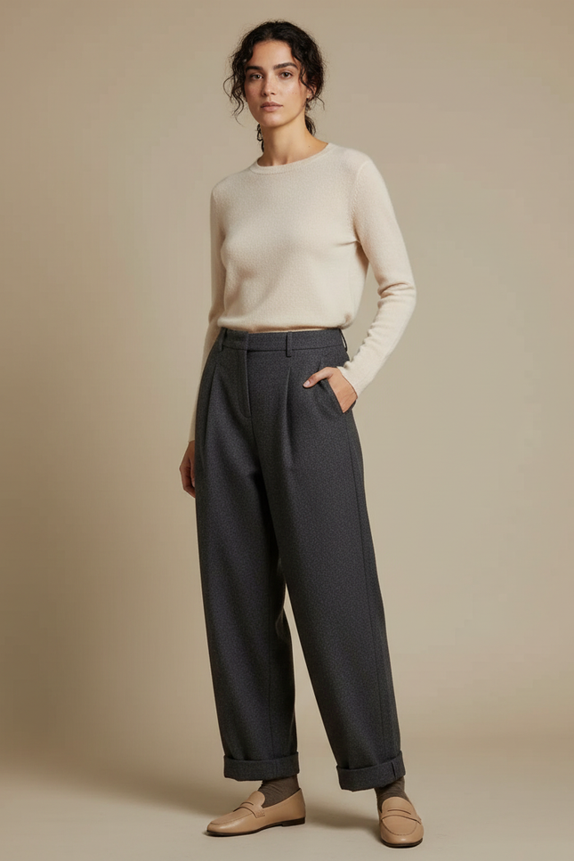 Pantalon Gris Ample Plissé Laine Revers Harem