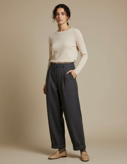 Pantalon Gris Ample Plissé Laine Revers Harem
