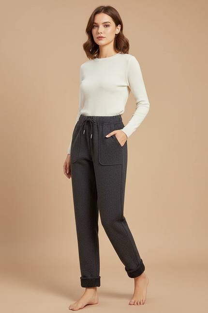 Pantalon Gris Molletonné, Décontracté, Taille Haute, Motif Subtil