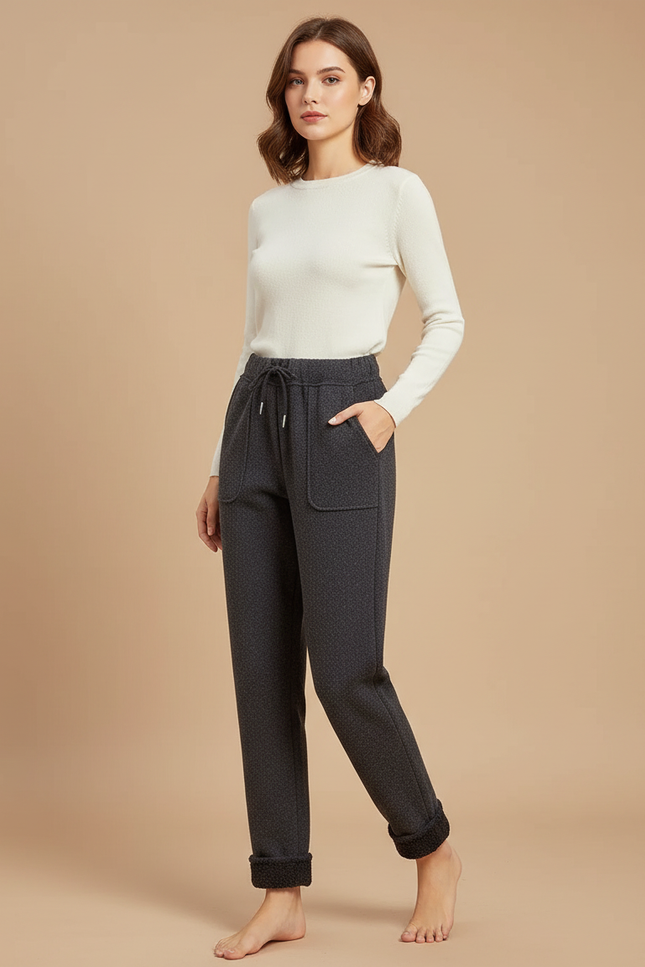 Pantalon Gris Molletonné, Décontracté, Taille Haute, Motif Subtil