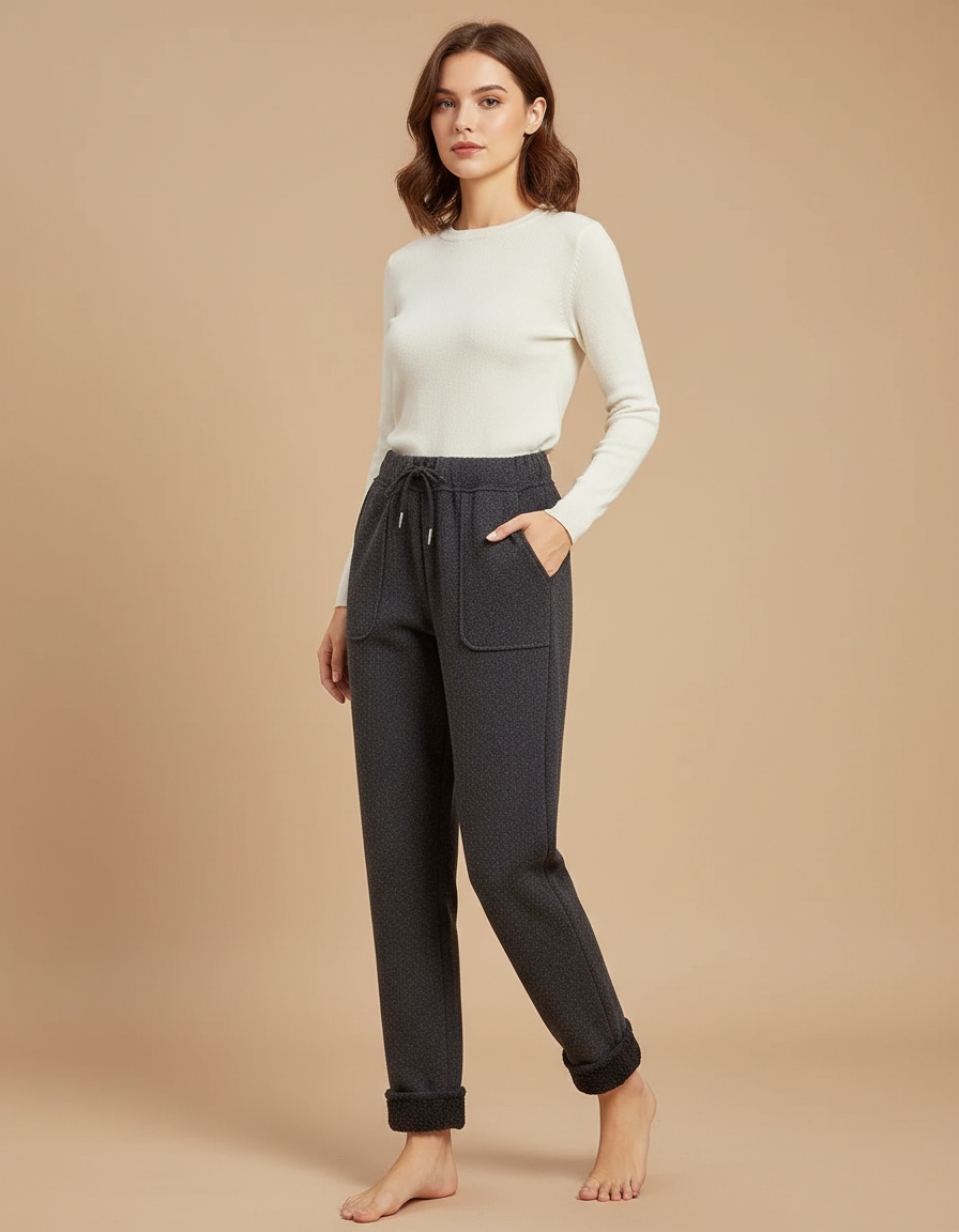 Pantalon Gris Molletonné, Décontracté, Taille Haute, Motif Subtil