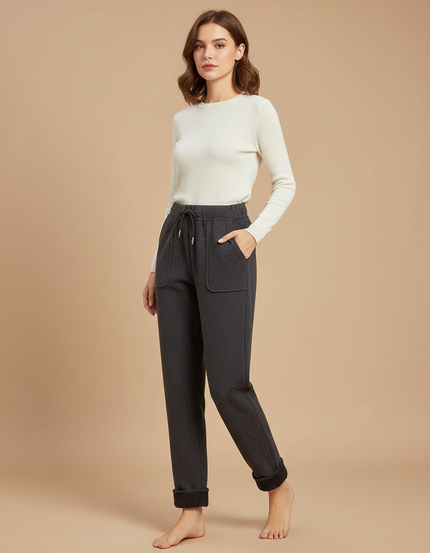 Pantalon Gris Molletonné, Décontracté, Taille Haute, Motif Subtil