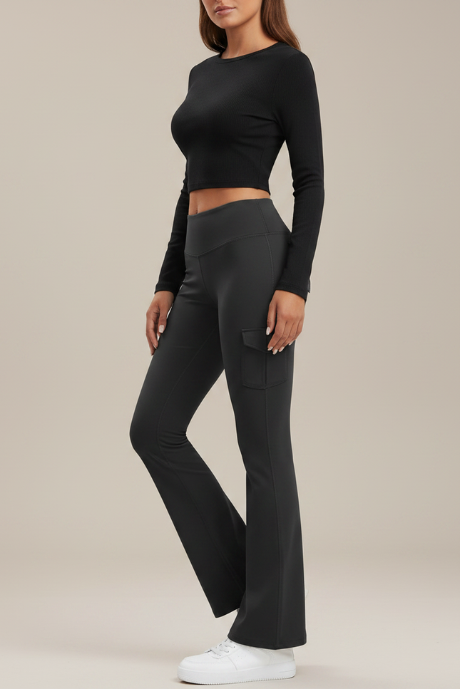 Pantalon Gris Évasé Taille Haute Sport Yoga - Polyester