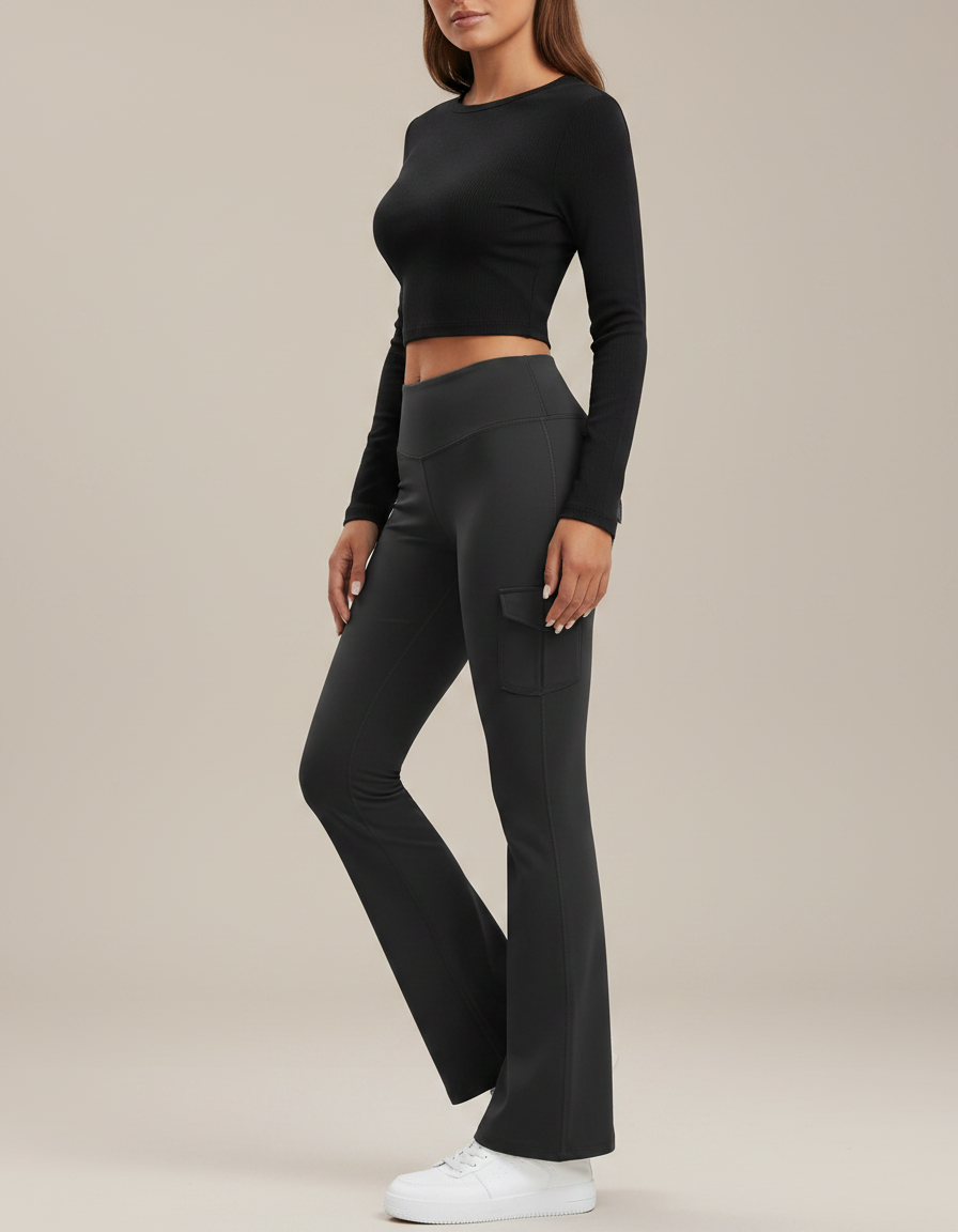 Pantalon Gris Évasé Taille Haute Sport Yoga - Polyester
