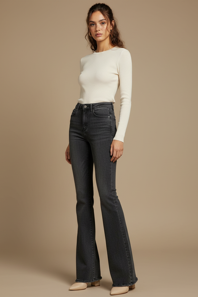 Pantalon Gris Évasé Taille Haute Denim Femme - Jean