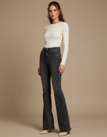 Pantalon Gris Évasé Taille Haute Denim Femme - Jean