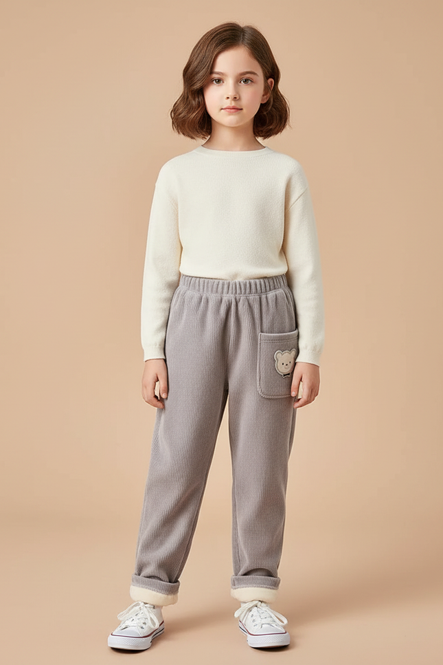Pantalon Gris Enfant Côtelé Doublé Chaud Décontracté Ours - Cordé