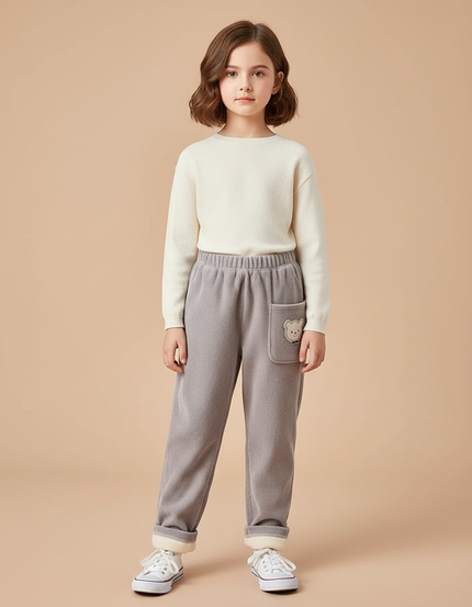 Pantalon Gris Enfant Côtelé Doublé Chaud Décontracté Ours - Cordé