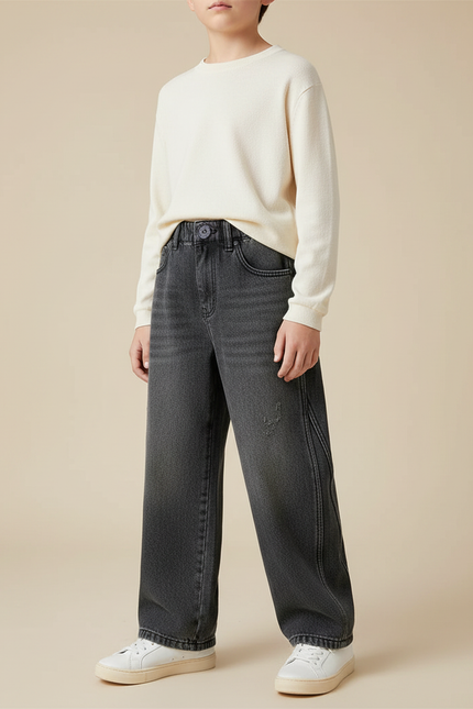 Pantalon Gris Jean Large Décontracté Enfant Ample