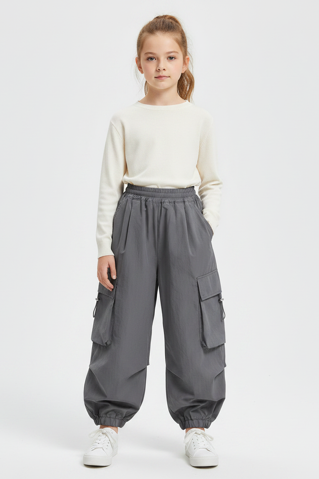 Pantalon Gris Cargo Ample Confortable Fille - Polyester