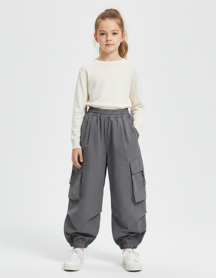 Pantalon Gris Cargo Ample Confortable Fille - Polyester