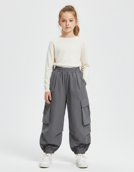 Pantalon Gris Cargo Ample Confortable Fille - Polyester
