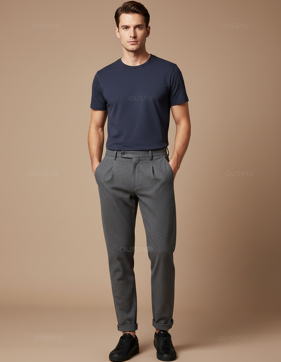 Pantalon Gris Plissé Élégant Décontracté Homme - Laine