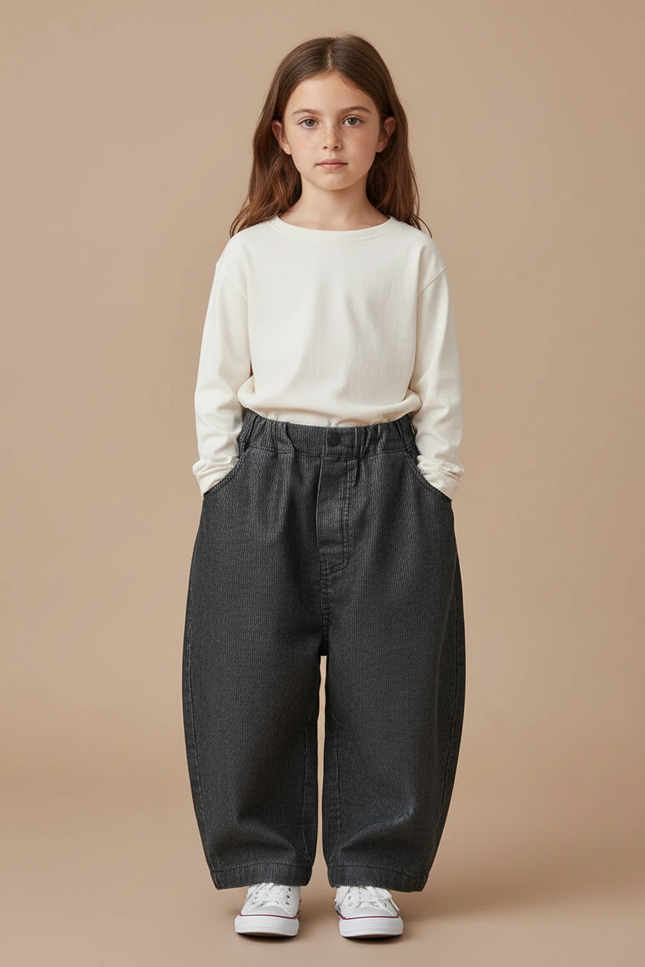 Pantalon Gris Ample Côtelé Décontracté Enfant - Cordé