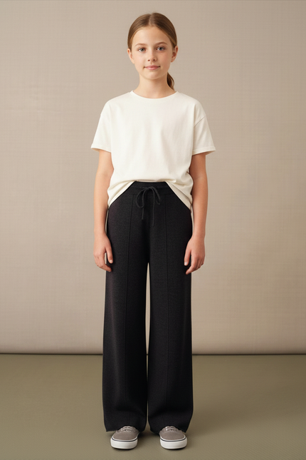 Pantalon Gris Ample Tricoté Cordon Fille - Maille