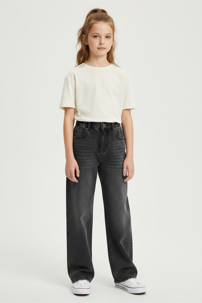 Pantalon Gris Denim Large Taille Haute Fille - Jean
