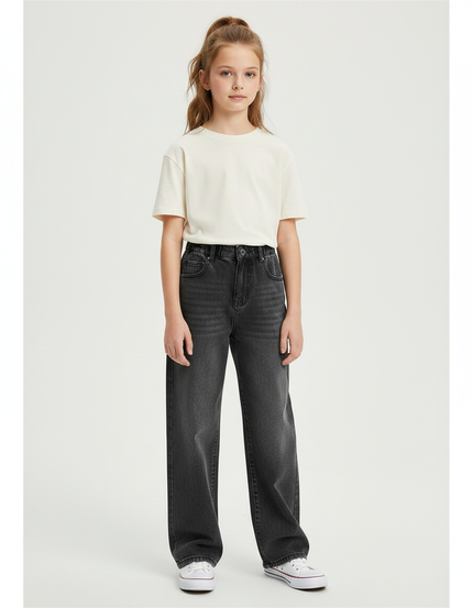 Pantalon Gris Denim Large Taille Haute Fille - Jean
