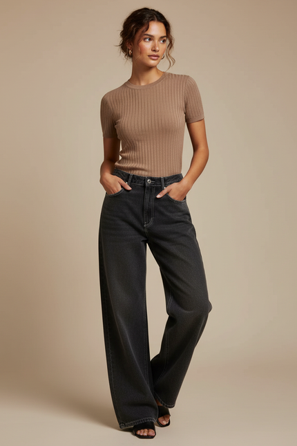 Pantalon Gris Large Délavé, Taille Haute, Streetwear - Jean