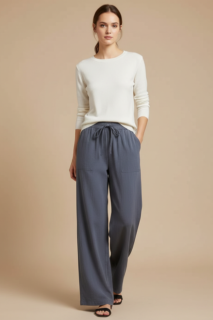 Pantalon Gris Ample Fluide Décontracté Femme - Lin