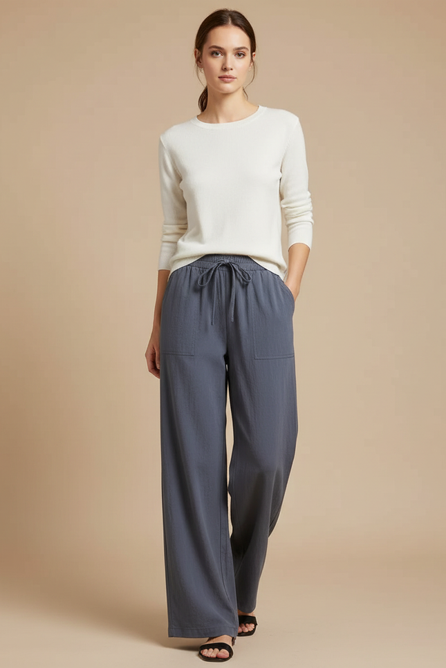 Pantalon Gris Ample Fluide Décontracté Femme - Lin