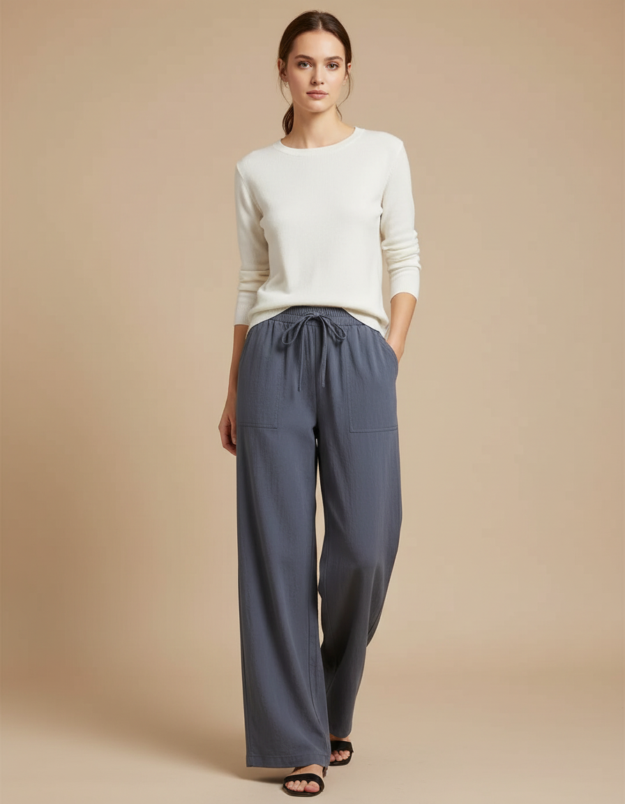 Pantalon Gris Ample Fluide Décontracté Femme - Lin