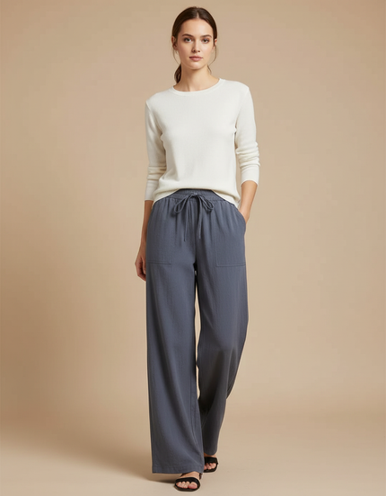 Pantalon Gris Ample Fluide Décontracté Femme - Lin