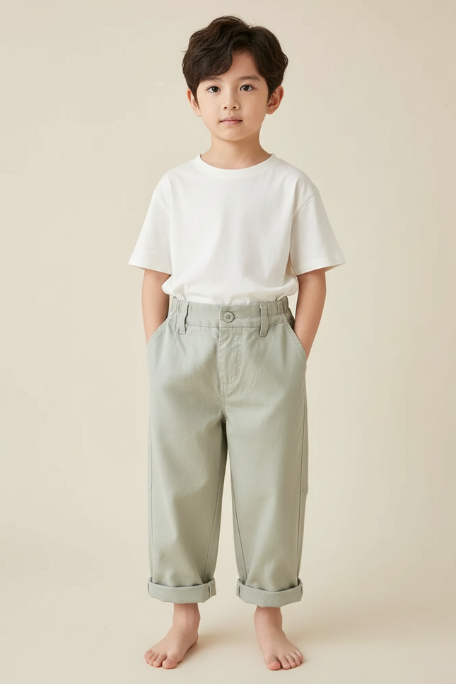 Pantalon Gris Enfant Droit Décontracté Coton Ample - Vert