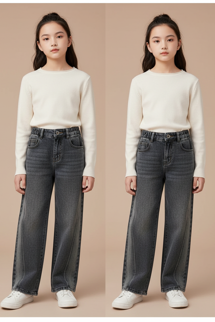 Pantalon Gris Ample Denim Fille Chaud Hiver - Jean