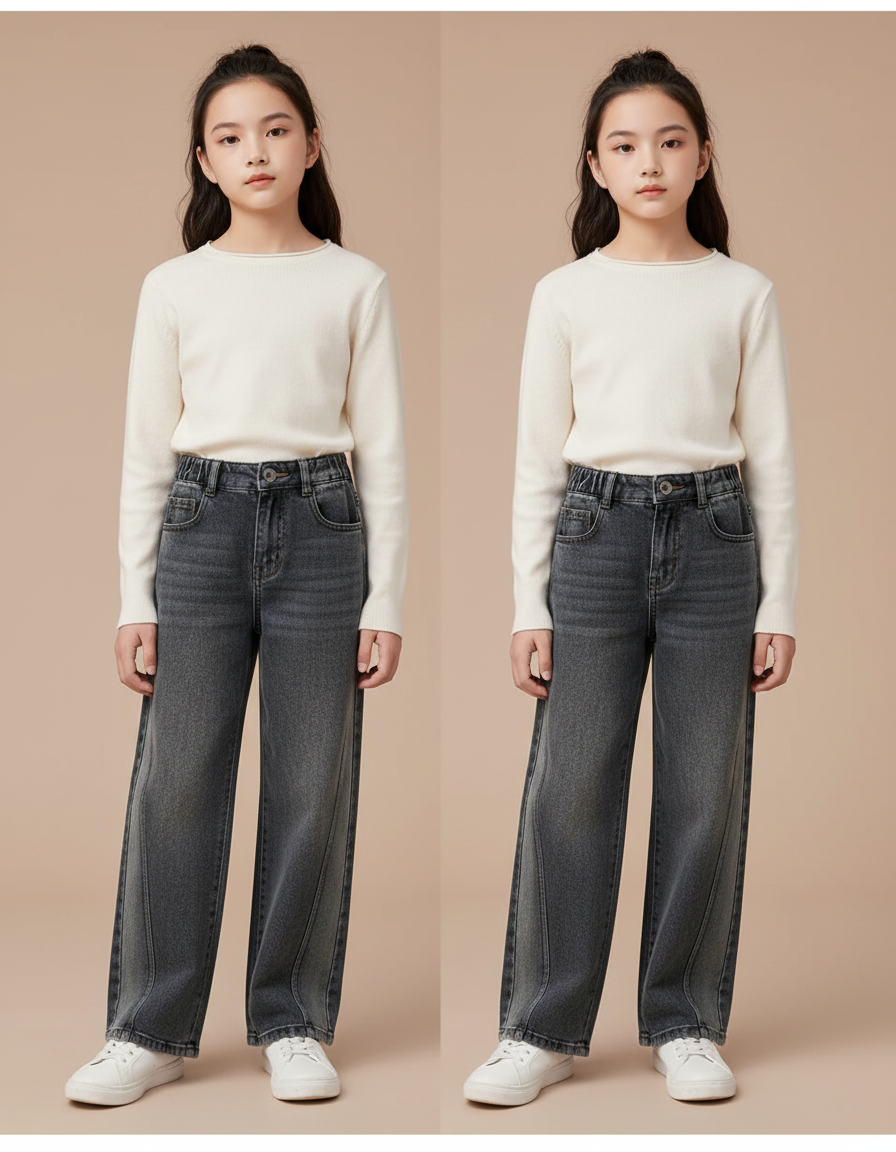 Pantalon Gris Ample Denim Fille Chaud Hiver - Jean