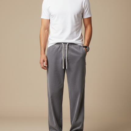 Pantalon Gris Côtelé Droit Ample Décontracté Homme - Cordé