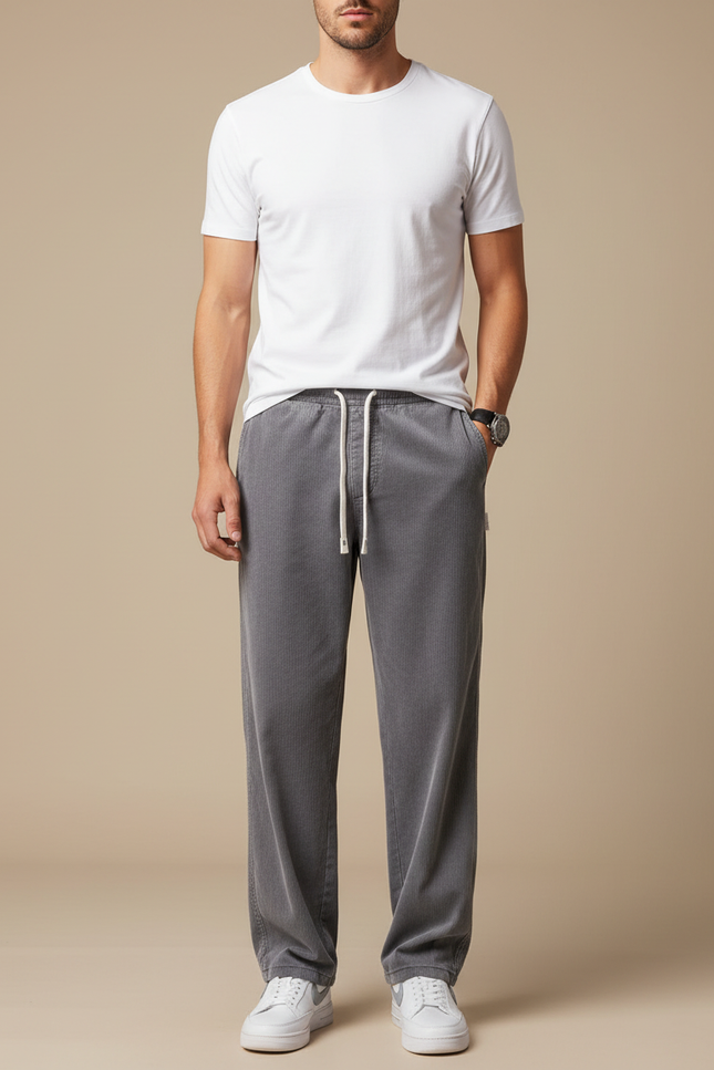 Pantalon Gris Côtelé Droit Ample Décontracté Homme - Cordé