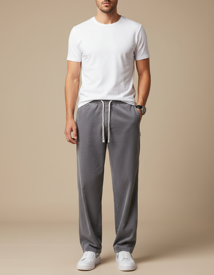 Pantalon Gris Côtelé Droit Ample Décontracté Homme - Cordé