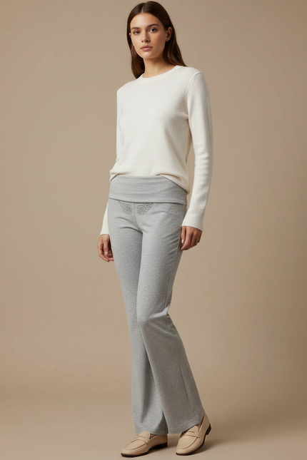 Pantalon Gris Évasé Confortable Décontracté Ailes Brodé - Molleton
