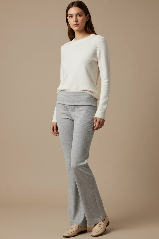 Pantalon Gris Évasé Confortable Décontracté Ailes Brodé - Molleton