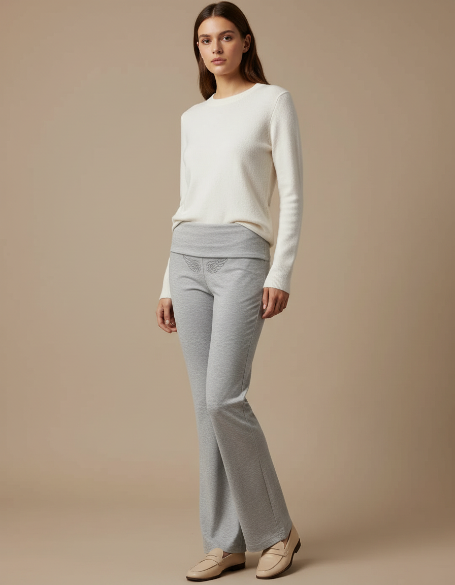Pantalon Gris Évasé Confortable Décontracté Ailes Brodé - Molleton