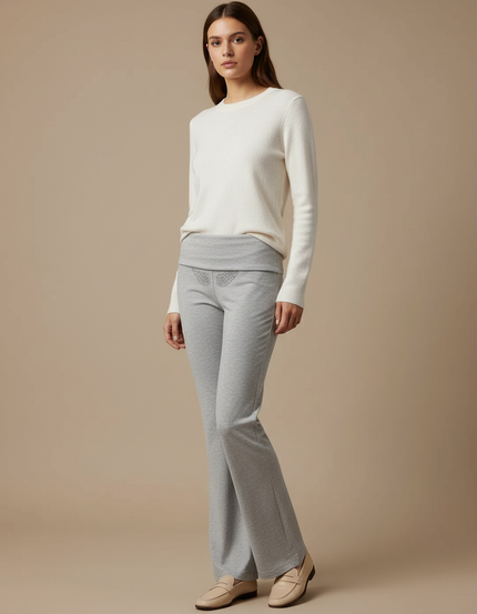 Pantalon Gris Évasé Confortable Décontracté Ailes Brodé - Molleton
