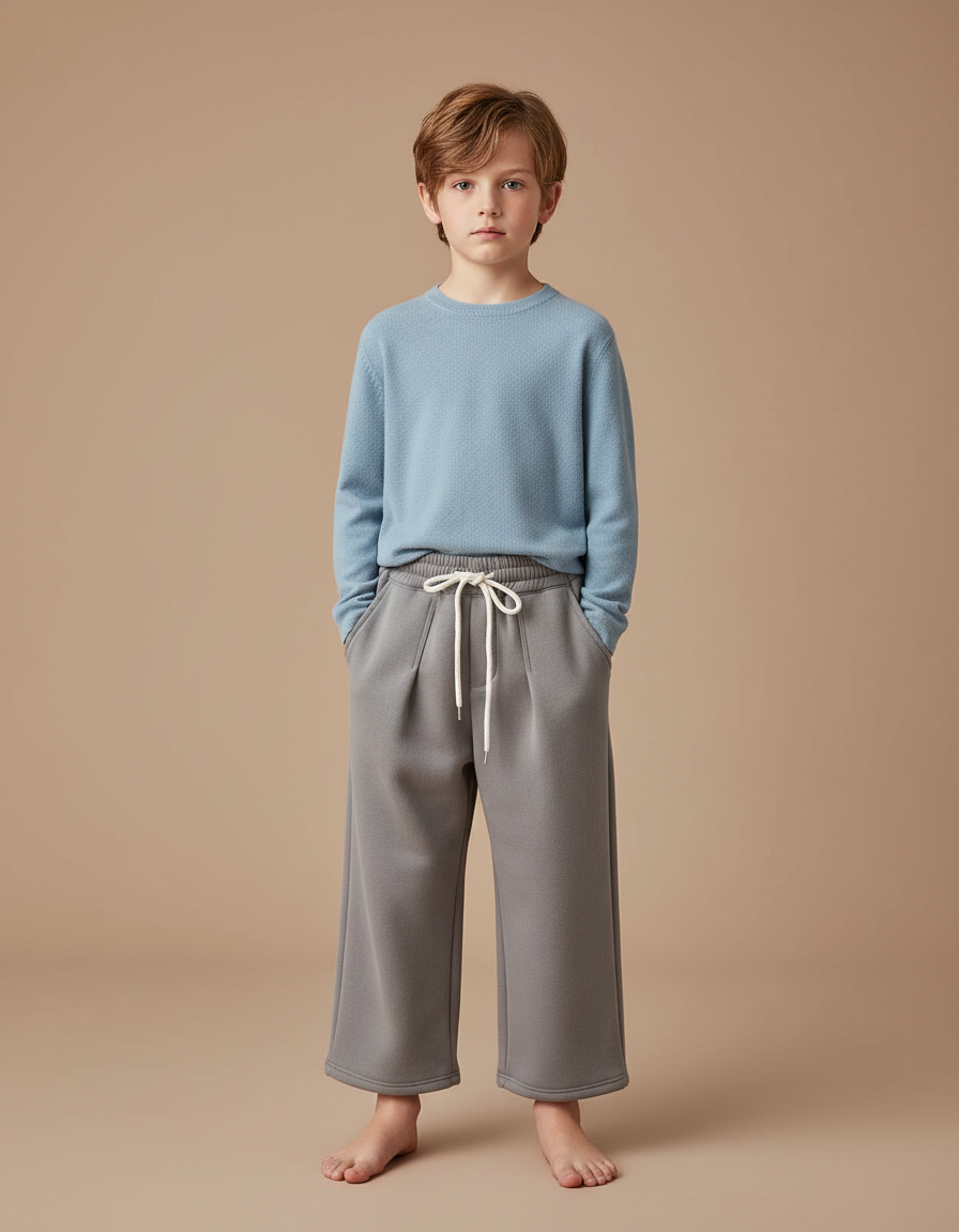Pantalon Gris Large Coton Épais Uni Enfant - Molleton