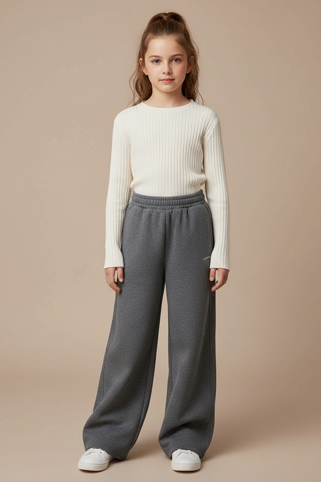 Pantalon Gris Molletonné Large Décontracté Fille
