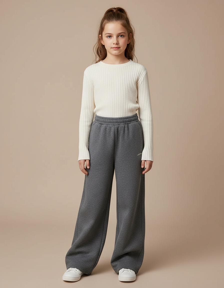 Pantalon Gris Molletonné Large Décontracté Fille