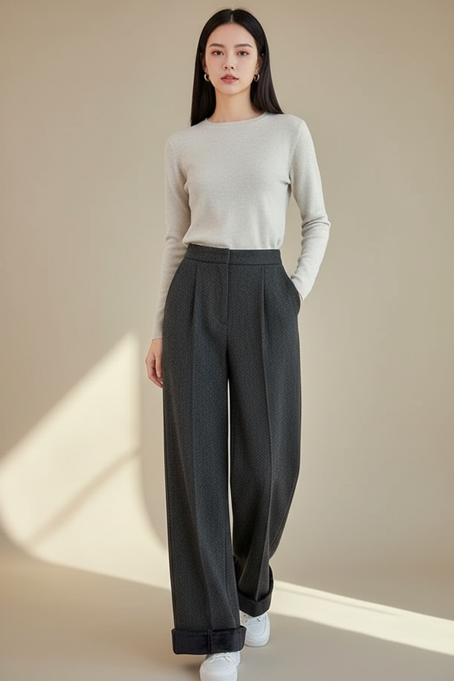 Pantalon Gris Droit Ample Taille Haute Texturé - Tweed
